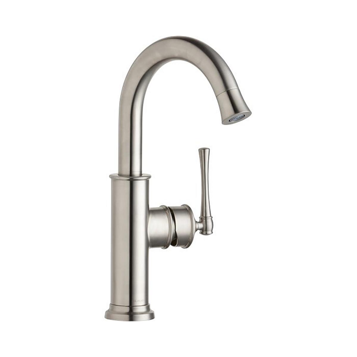 Lustrous steel single-hole bar faucet with curved spout and forward-only lever handle.