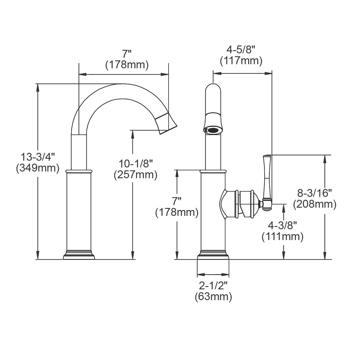 Technical drawing of single-hole bar faucet with curved spout, forward lever handle, and detailed dimensions in inches and mi