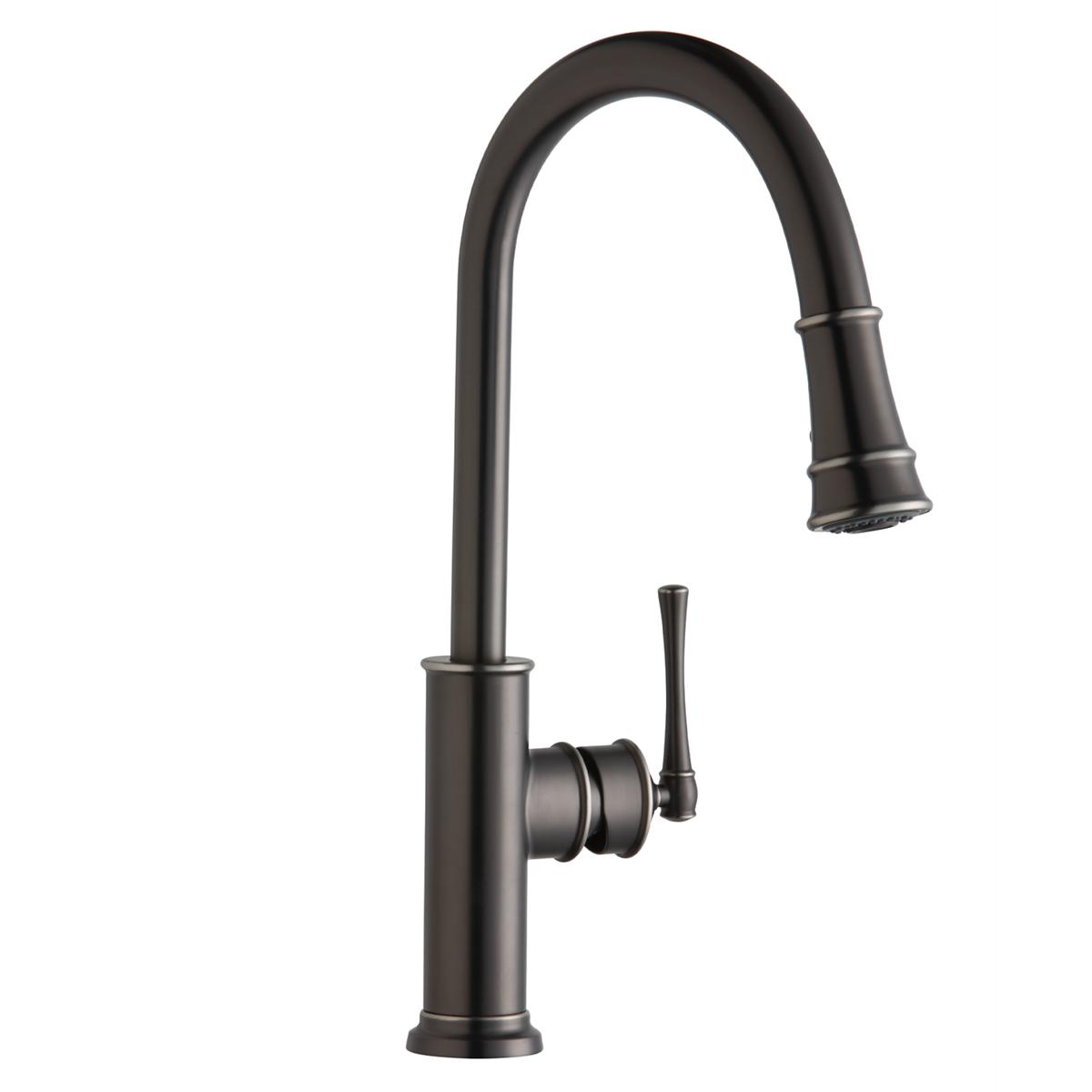 Antique steel kitchen faucet with curved spout, pull-down spray head, and forward lever handle.