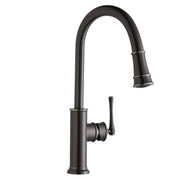 Antique steel kitchen faucet with curved spout, pull-down spray head, and forward lever handle.