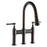 Antique steel bridge faucet with curved pulldown sprayer and dual lever handles.