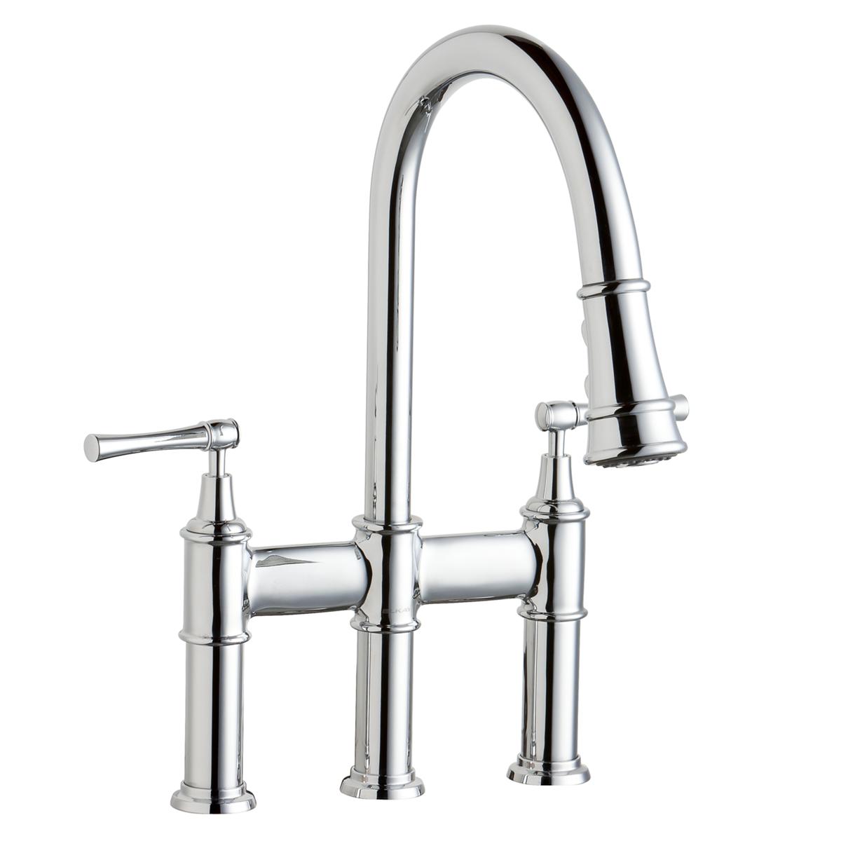 Chrome three-hole bridge faucet with tall arched spout, pull-down spray head, and lever handles on each side.