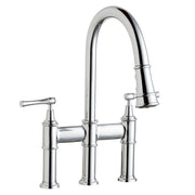 Chrome three-hole bridge faucet with tall arched spout, pull-down spray head, and lever handles on each side.