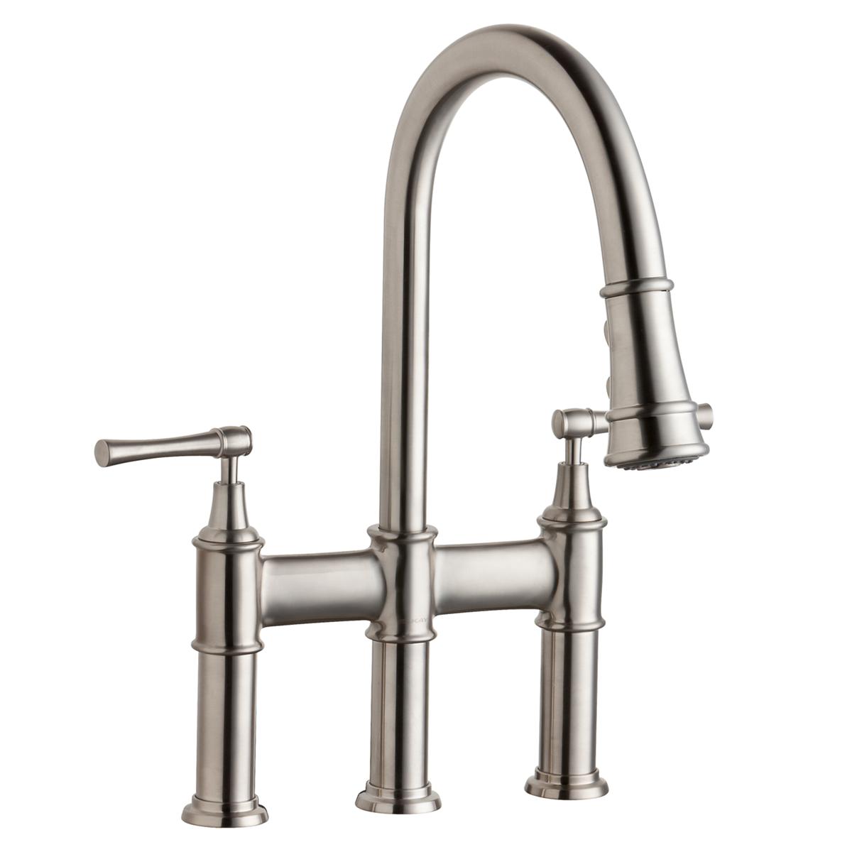 Lustrous steel bridge faucet with arched pull-down spout, two lever handles, and three-hole mounting configuration.