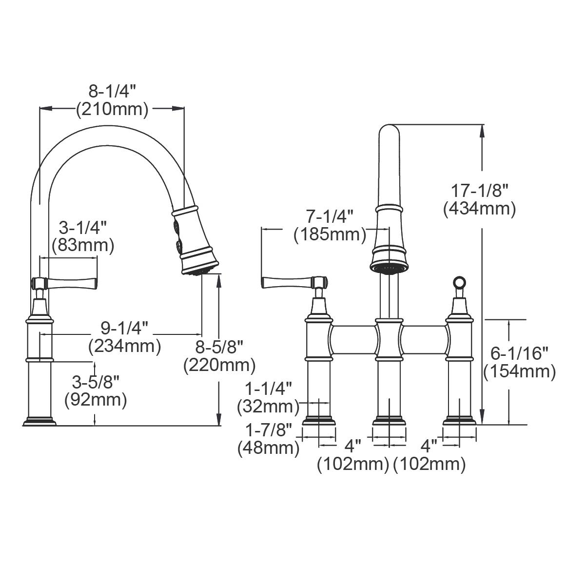 Three-hole bridge faucet with pull-down spray head and two lever handles in antique steel finish with dimension specification