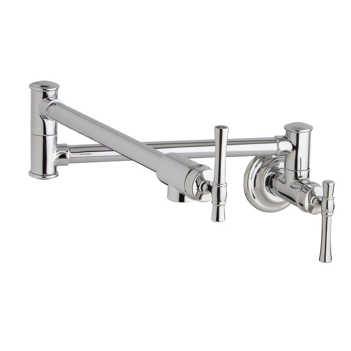 Chrome wall-mounted pot filler faucet with articulating arm and dual lever handles.