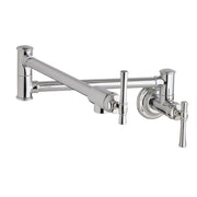 Chrome wall-mounted pot filler faucet with articulating arm and dual lever handles.