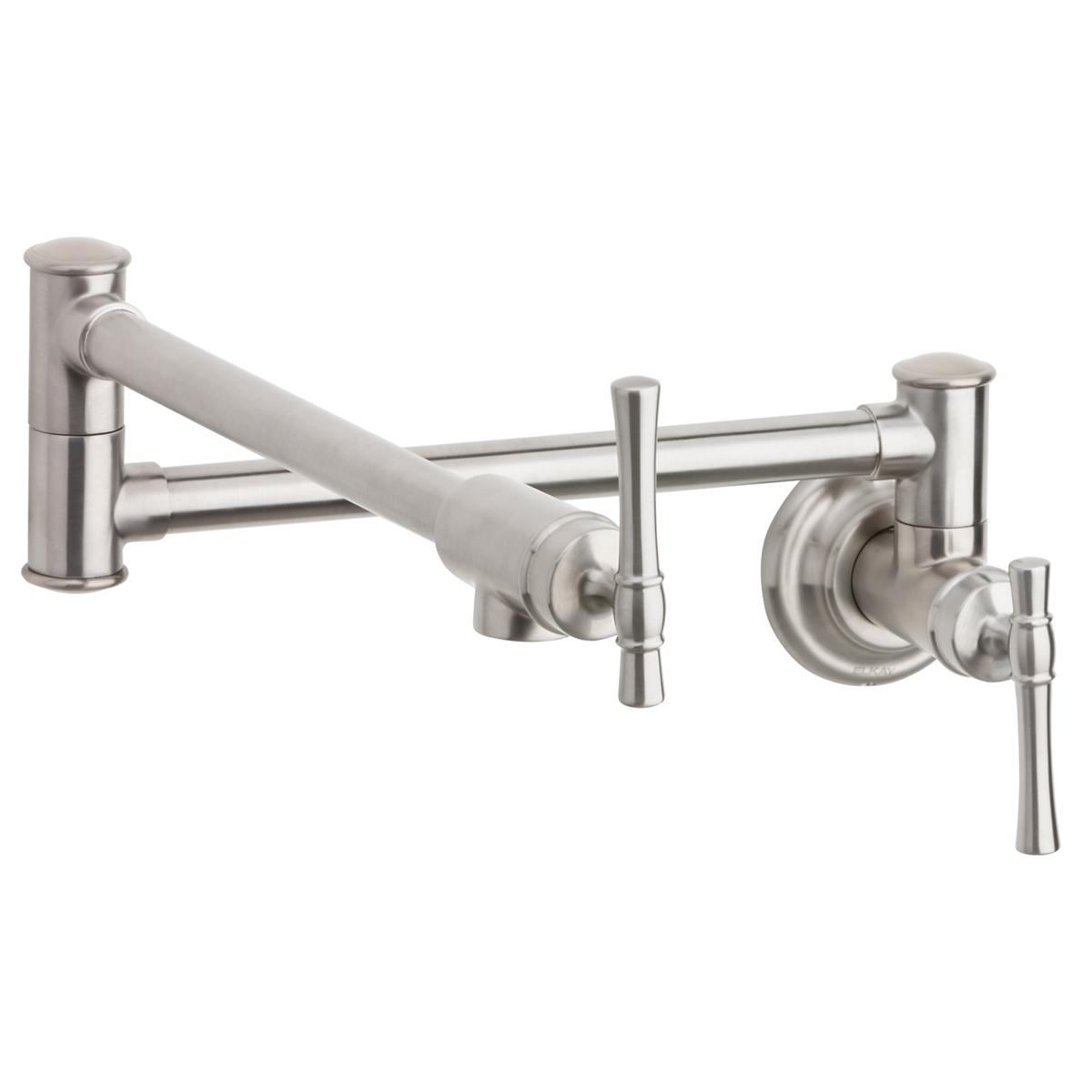 Wall-mounted pot filler faucet in lustrous steel with articulating arm and dual lever handles.