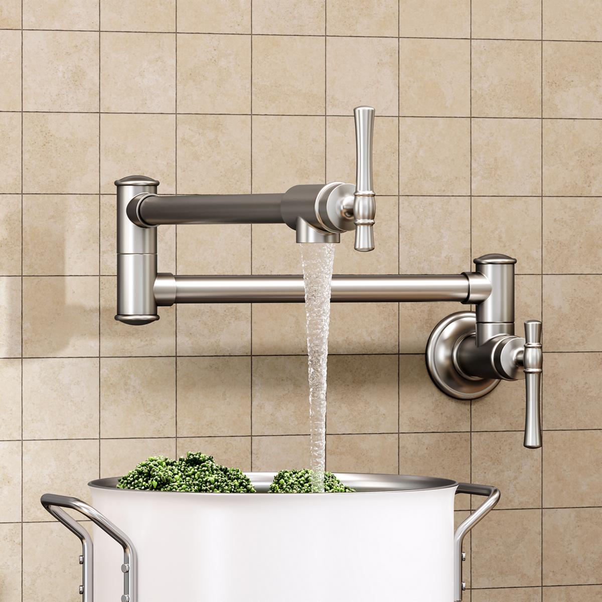 Lustrous steel wall-mount pot filler faucet with dual lever handles and articulating spout filling white pot with water.