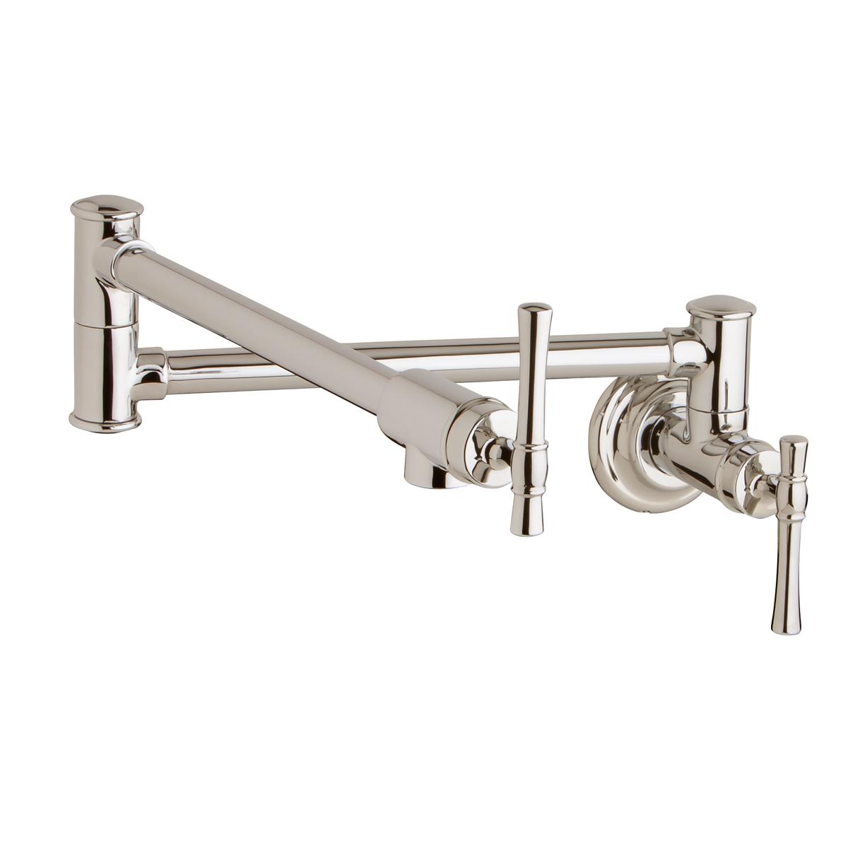 Polished nickel wall-mounted pot filler faucet with articulating spout and dual lever handles.