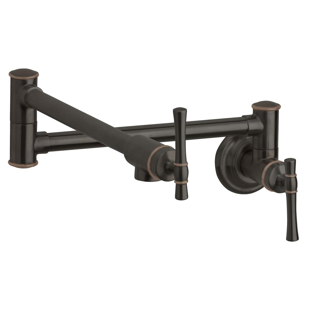 Oil rubbed bronze wall-mounted pot filler faucet with articulating spout and dual lever handles.