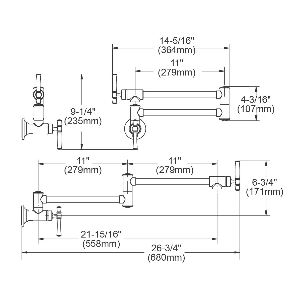 Chrome wall-mounted pot filler faucet with dual lever handles and articulating arms shown in technical specification drawings