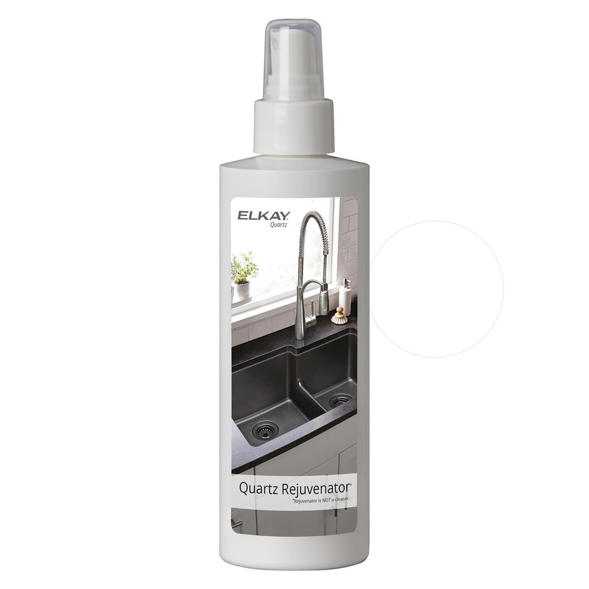 White spray bottle of Elkay Quartz Rejuvenator with product label showing kitchen sink image.