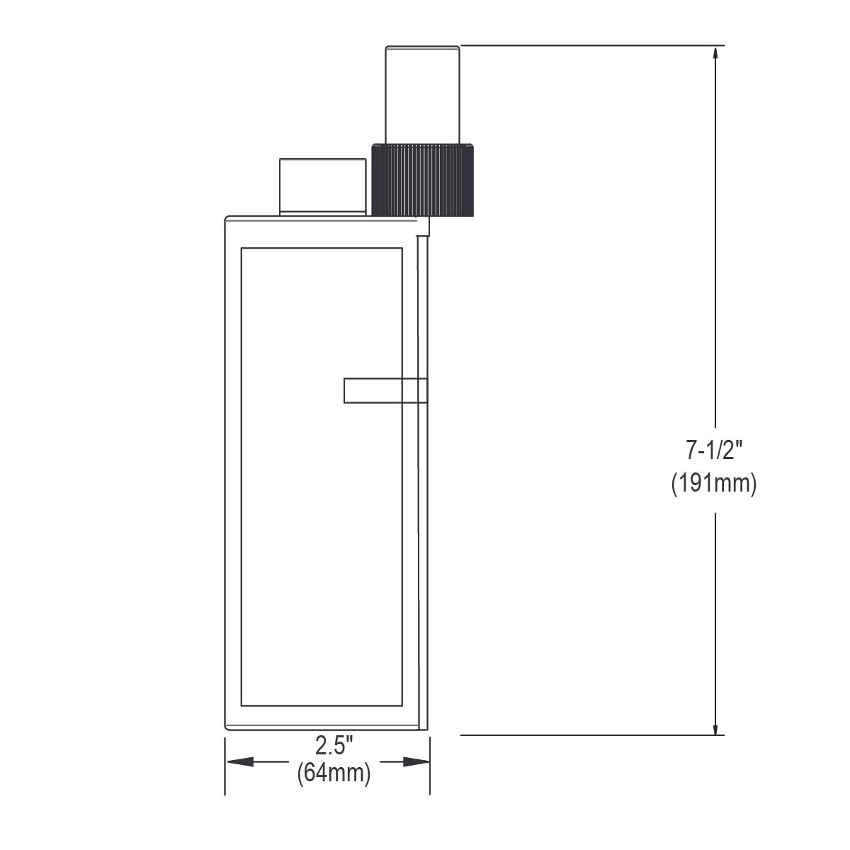 Rectangular quartz rejuvenator bottle with black ribbed pump top and dimensions of 2.5" wide by 7.5" tall.