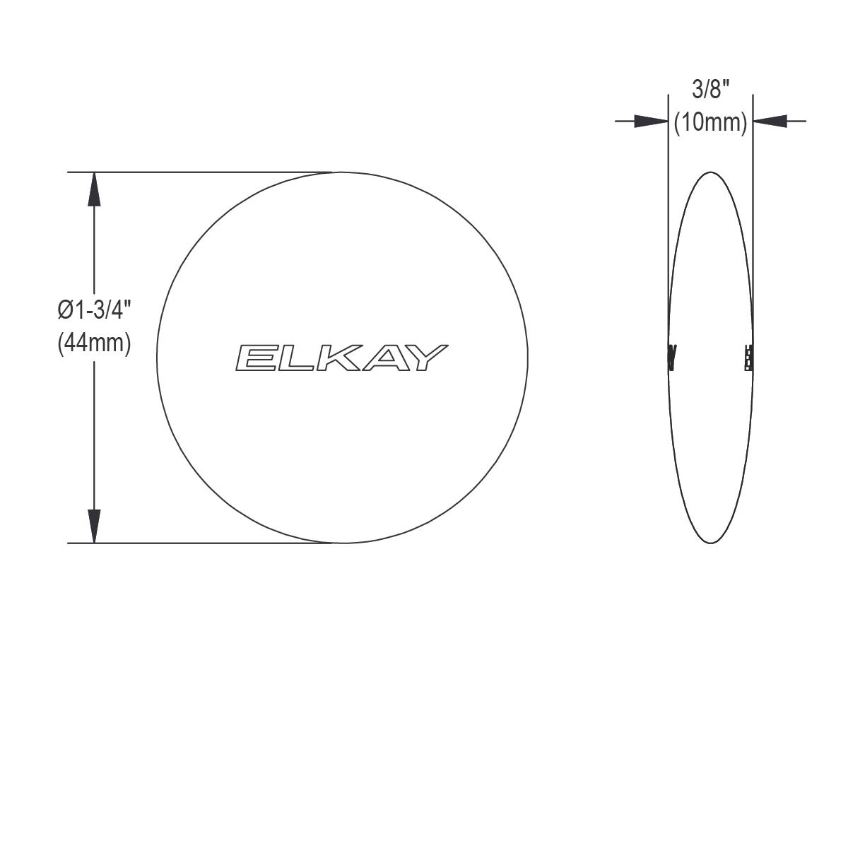 Elkay e-dock magnet with 1-3/4 inch diameter and 3/8 inch thickness, shown in front and side views.