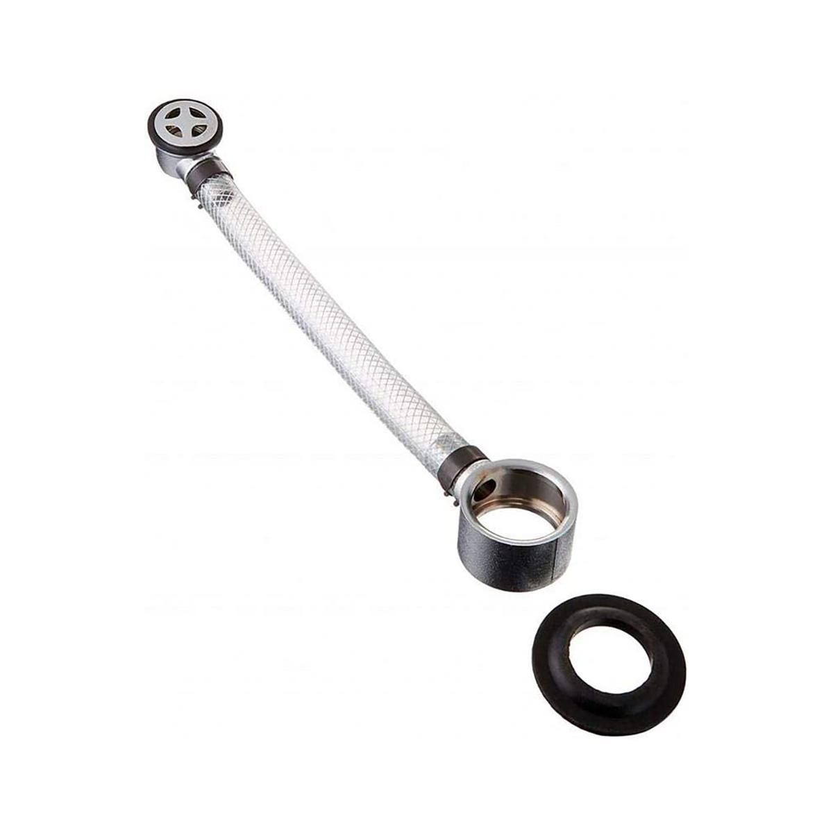 Flexible white braided overflow tube with metal fittings and black rubber seal ring.