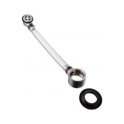 Flexible white braided overflow tube with metal fittings and black rubber seal ring.