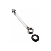 Flexible white braided tube with metal overflow cap on top end and threaded connector with black rubber gasket on bottom end.