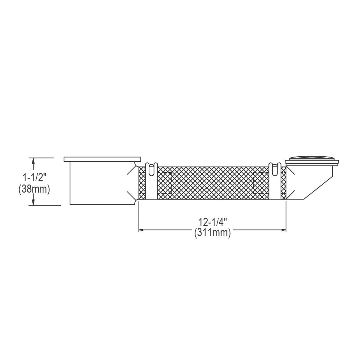 Technical diagram of flexible overflow assembly with crosshatch tubing, mounting brackets, and drain outlet, 12-1/4 inches lo