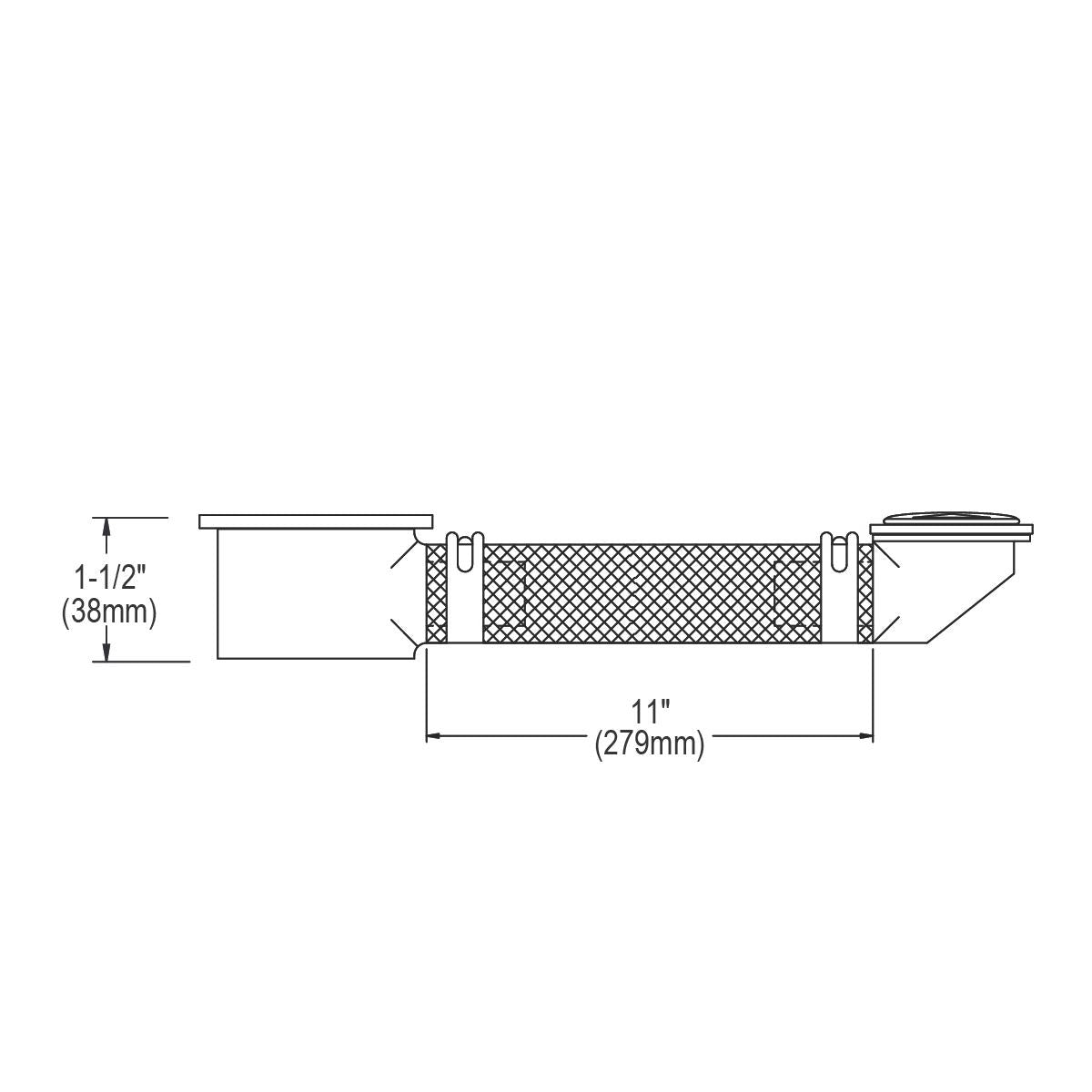 Technical diagram of 11-inch flexible overflow assembly with crosshatch mesh center section and mounting brackets.