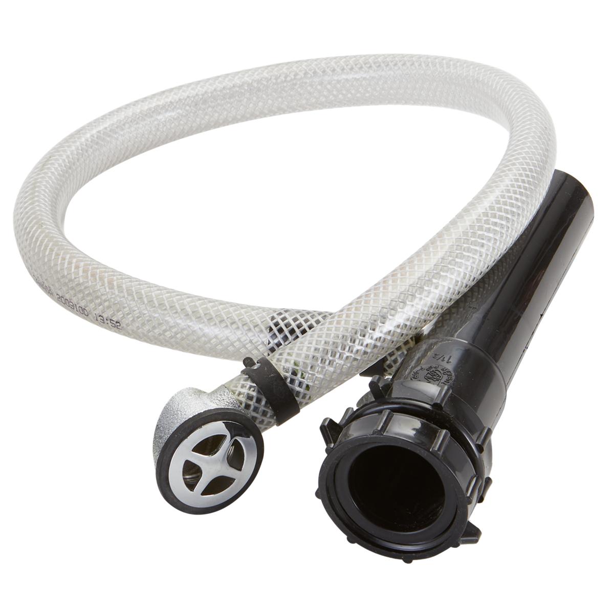 Clear vinyl braided overflow drain hose with black plastic fittings and valve connector.
