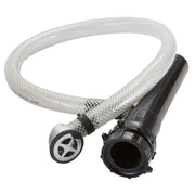 Clear vinyl braided overflow drain hose with black plastic fittings and valve connector.