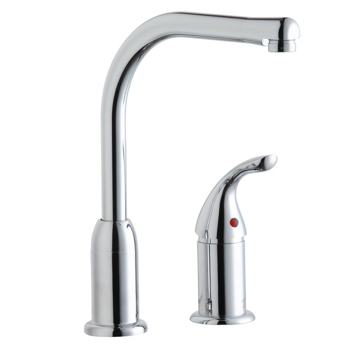 Chrome kitchen faucet with tall curved spout and separate remote lever handle with red indicator dot.