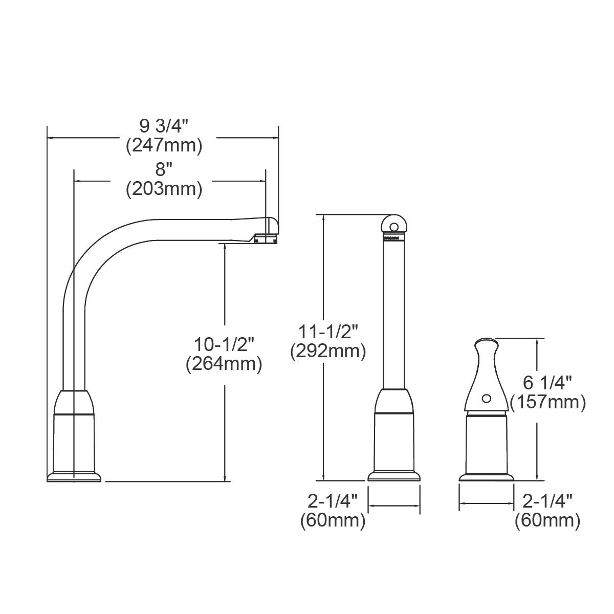 Chrome kitchen faucet with curved spout, lever handle, and separate remote control sprayer shown with dimensions.