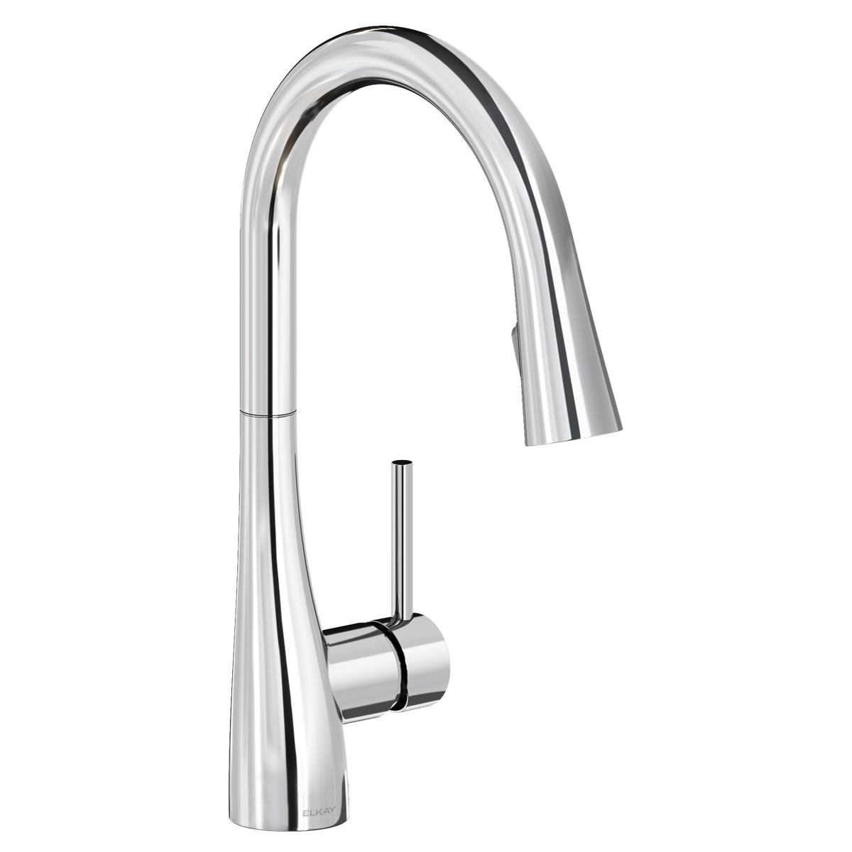 Chrome kitchen faucet with curved spout, pull-down spray nozzle, and forward lever handle.