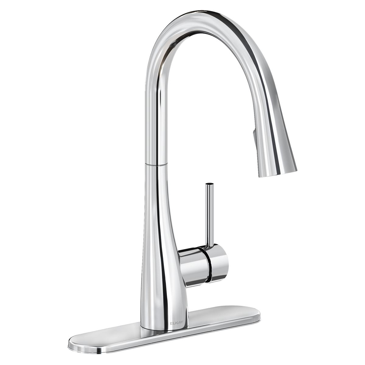 Chrome kitchen faucet with curved pulldown spray head and forward lever handle on rectangular base.