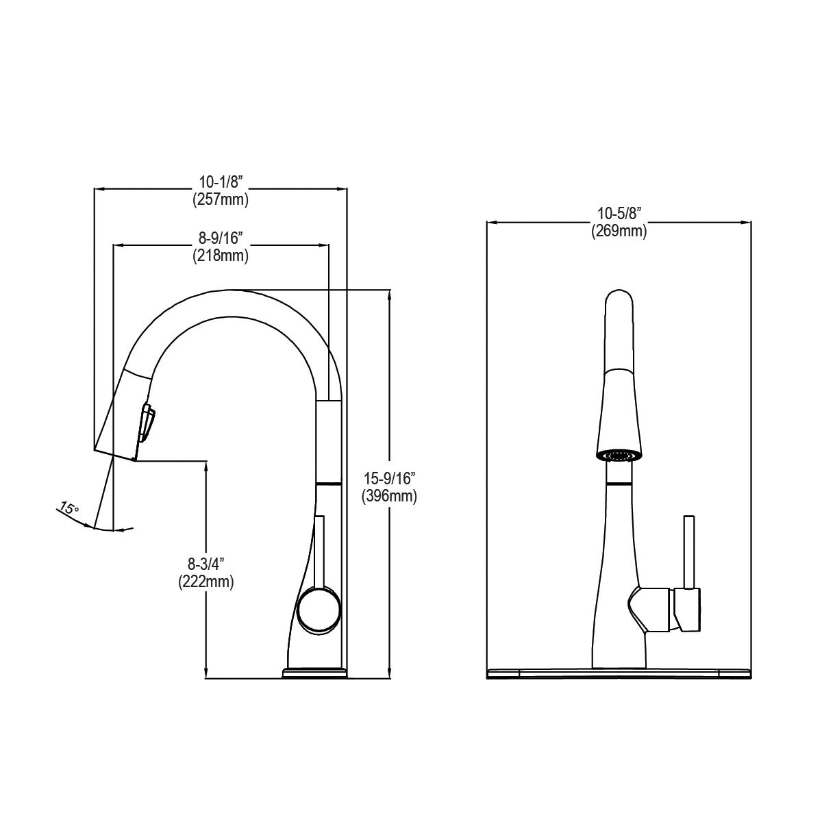 Chrome single-hole kitchen faucet with curved pull-down spray head and forward lever handle, shown in front and side technica