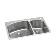 Stainless steel double bowl sink with unequal basins, drain holes, and faucet mounting holes on white rim.