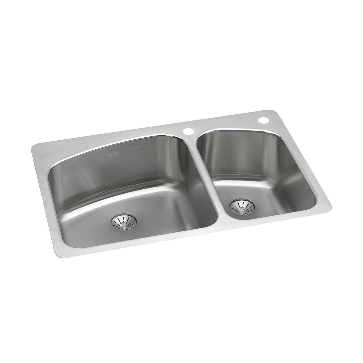 Stainless steel double bowl sink with unequal basins, drain holes, and faucet mounting holes on white rim.