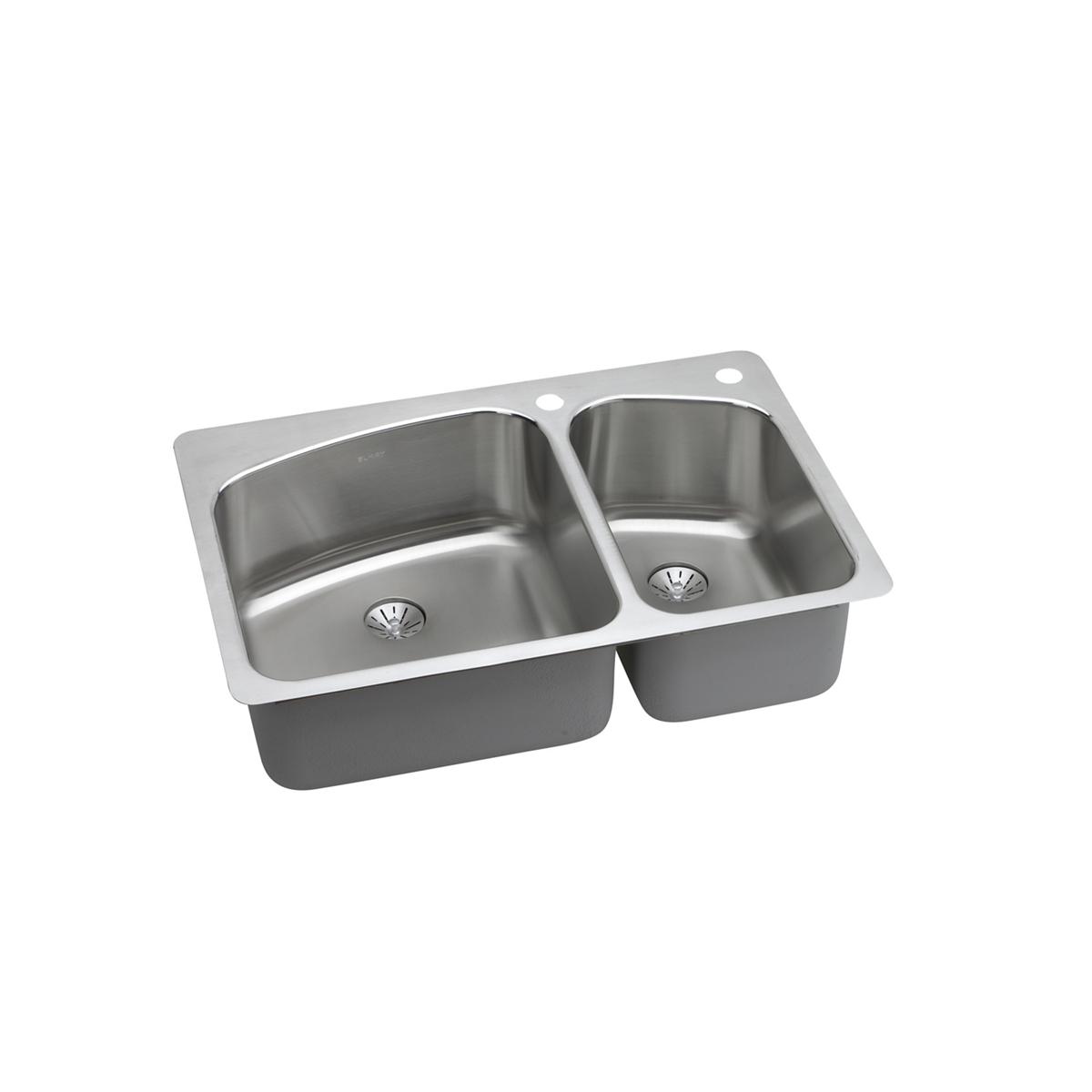 Stainless steel double bowl sink with unequal 60/40 basin sizes and drain strainers visible.