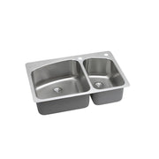 Stainless steel double bowl sink with two drains, unequal basin sizes, and mounting holes along the rim.