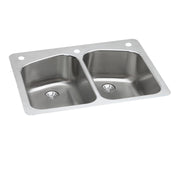 Stainless steel double bowl kitchen sink with two equal-sized basins and three mounting holes.
