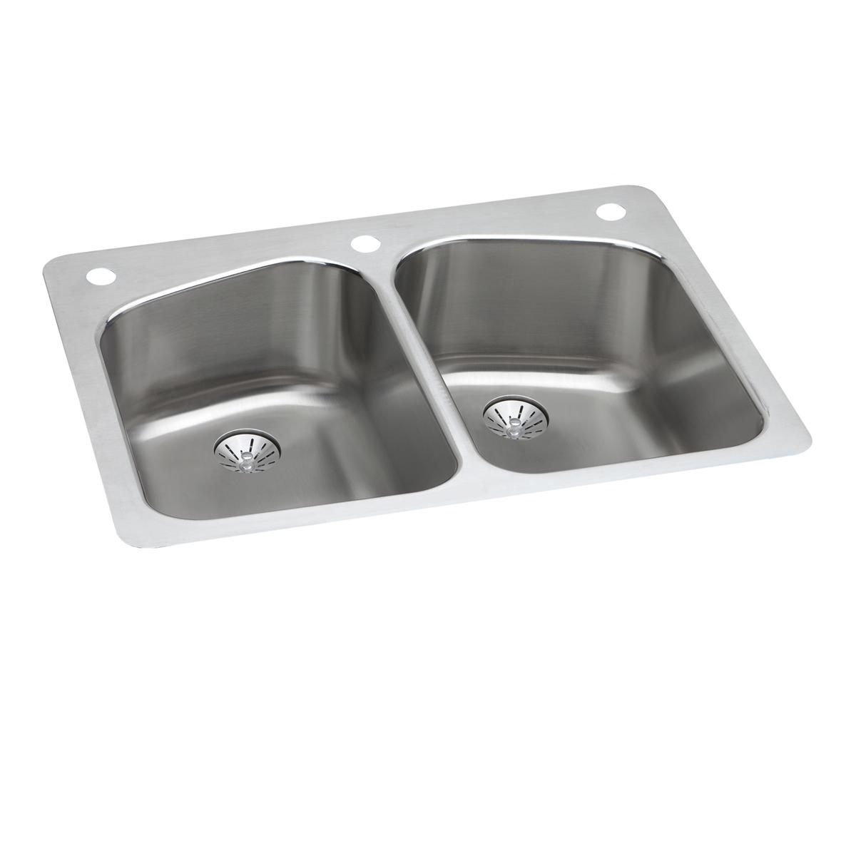 Stainless steel double bowl kitchen sink with two equal-sized basins and three mounting holes.