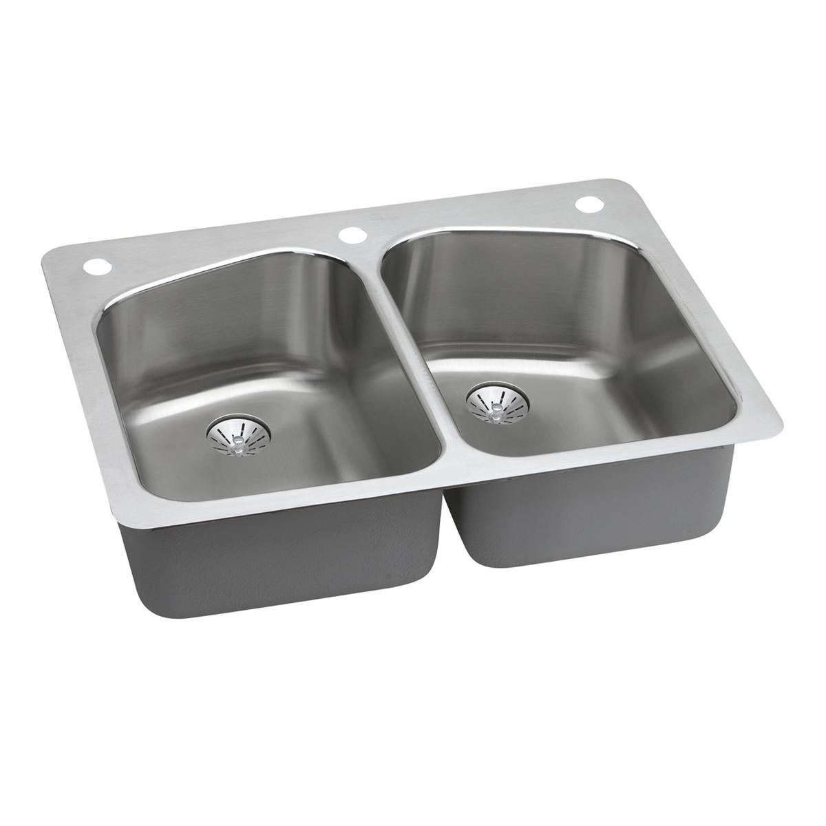 Stainless steel double bowl sink with two equal basins and drain holes visible in each bowl.