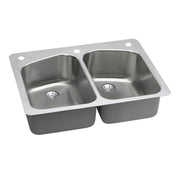 Stainless steel double bowl sink with two equal-sized basins and drain strainers, featuring a brushed finish rim and mounting