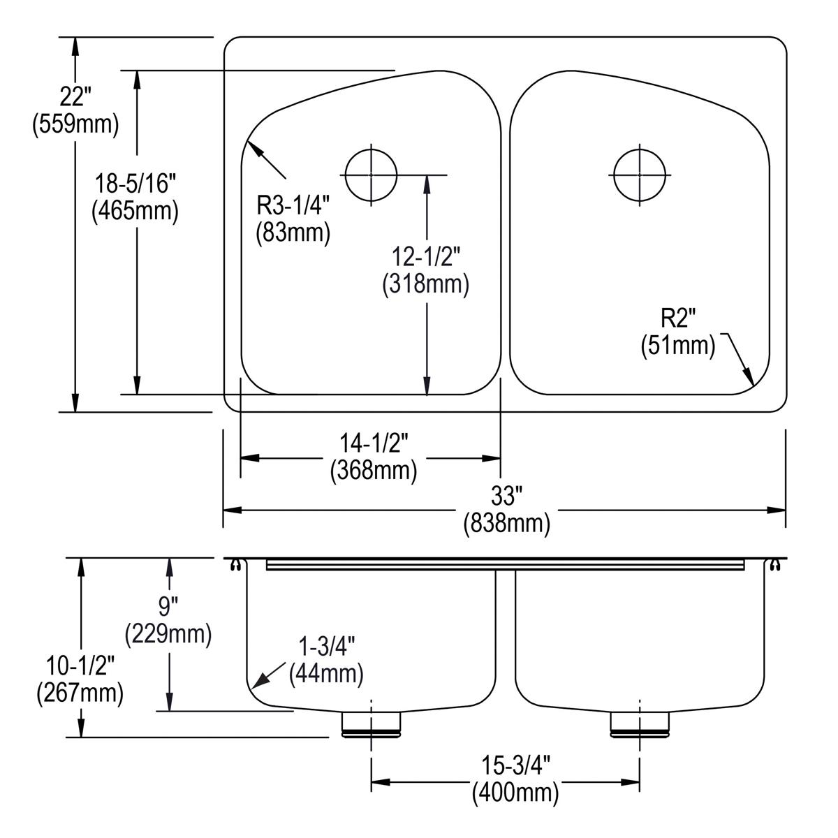Stainless steel double bowl sink with equal-sized basins, top and front views showing dimensions and drain locations.