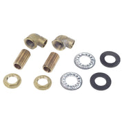 Brass elbow connectors, threaded studs, hex nuts, toothed washers, and rubber washers for 90-degree mounting assembly.