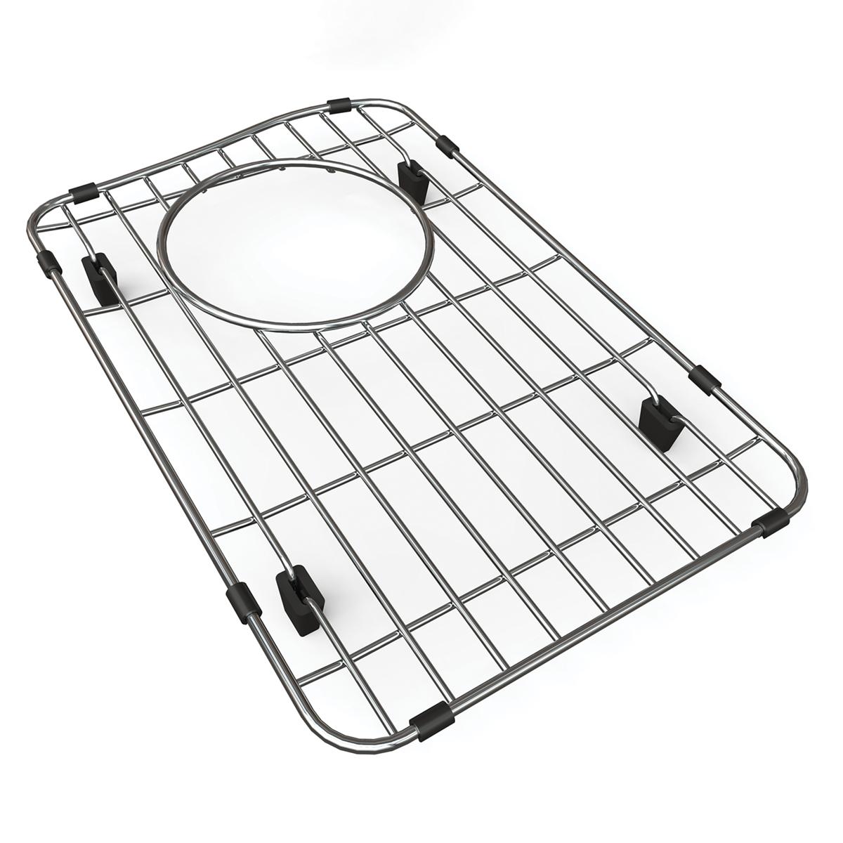 Stainless steel sink grid with rectangular wire mesh pattern and central circular drain opening, secured with black rubber fe