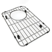 Stainless steel sink grid with rectangular wire mesh pattern and central circular drain opening, secured with black rubber fe