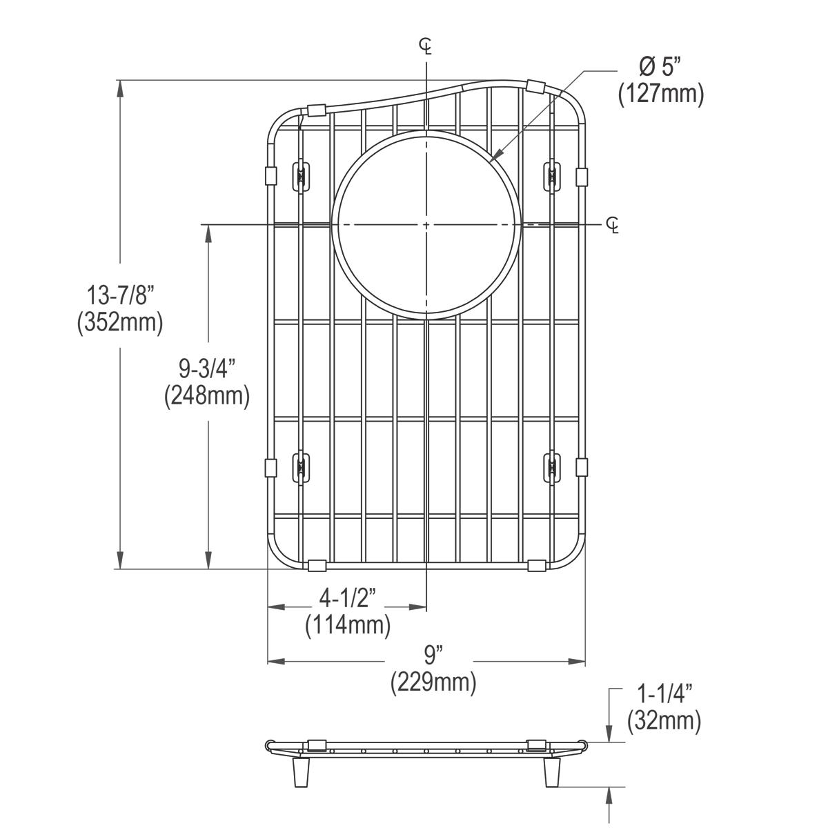 Stainless steel sink grid with rectangular frame, parallel wire pattern, and circular center opening with mounting hardware.