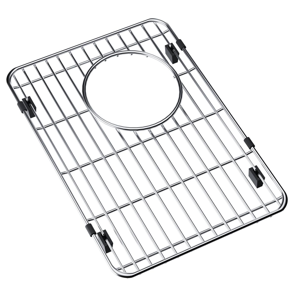 Stainless steel sink grid with parallel wire construction and circular center drain opening, secured by black rubber feet.