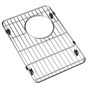 Stainless steel sink grid with parallel wire construction and circular center drain opening, secured by black rubber feet.