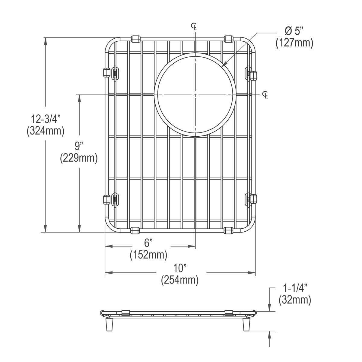 Stainless steel sink grid with rectangular frame, vertical and horizontal bars, circular center opening, and four corner feet