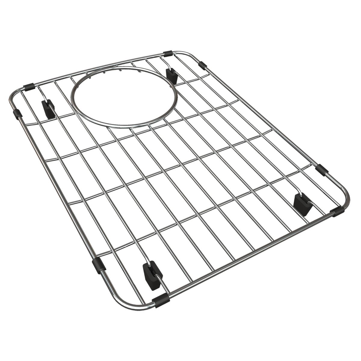 Stainless steel sink grid with rectangular wire mesh design and circular drain opening, secured by black rubber feet.