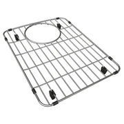 Stainless steel sink grid with rectangular wire mesh design and circular drain opening, secured by black rubber feet.