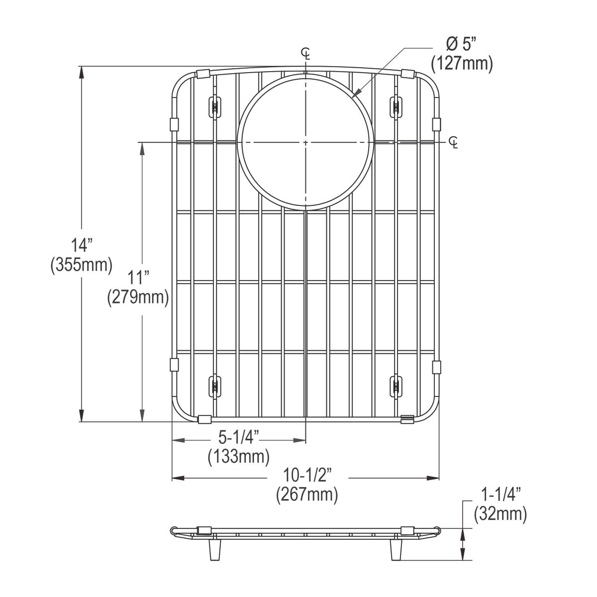 Stainless steel sink grid with vertical rails, circular drain opening, and mounting feet, shown from top and side views with 